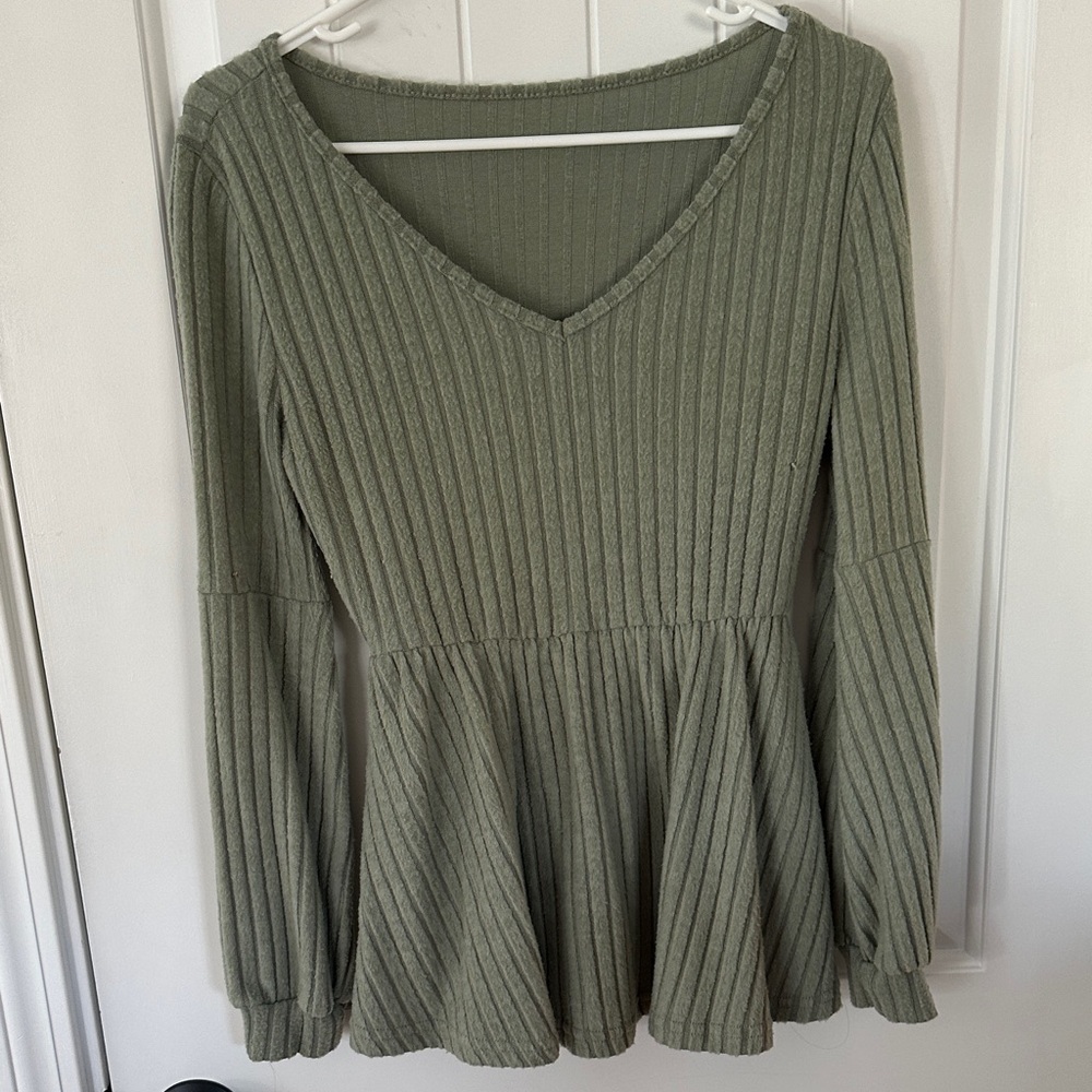 SHEIN Sage Ribbed Knit Peplum Blouse